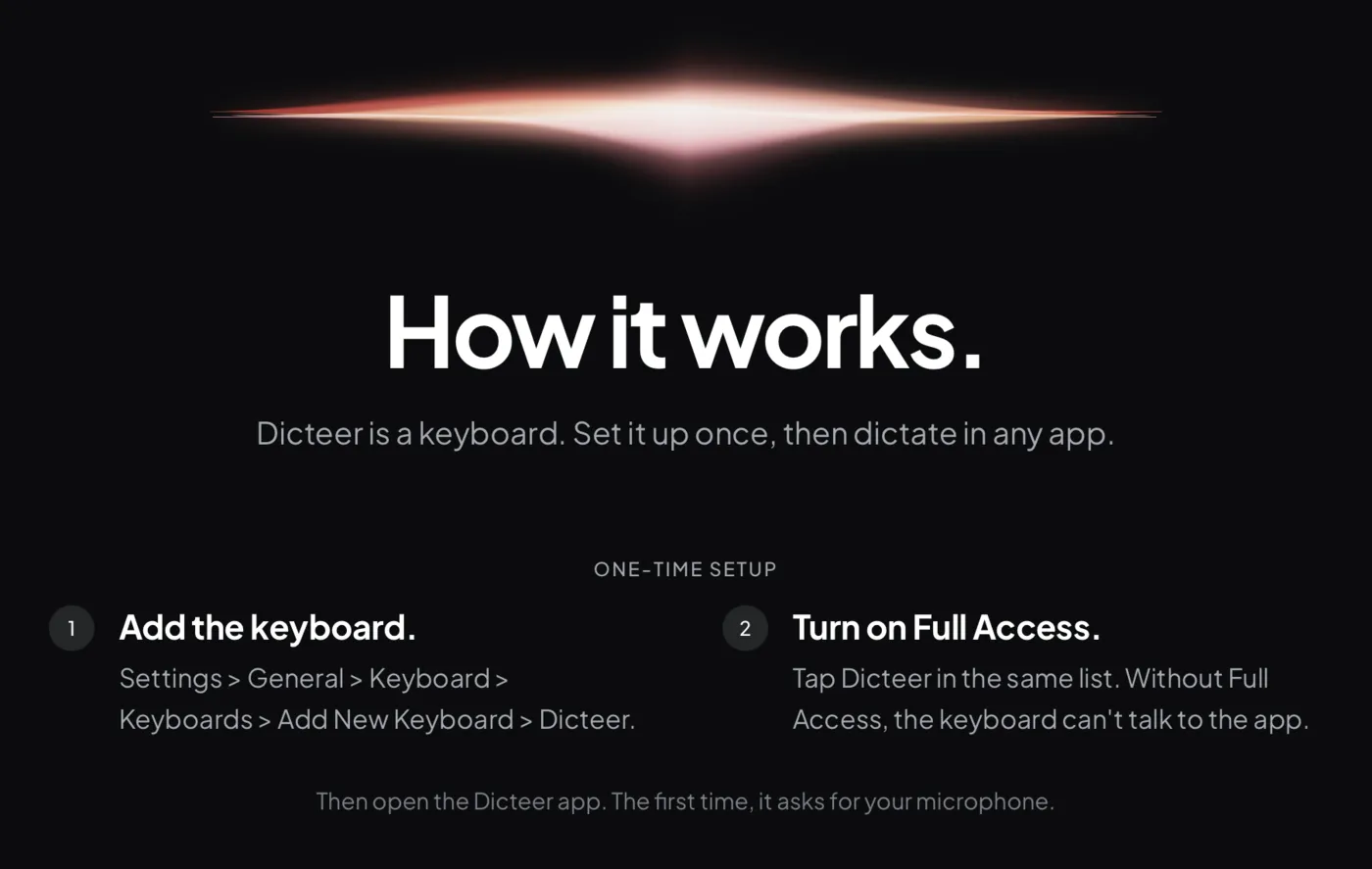 The How it works section on dicteer.com, with the two steps to set up the keyboard.