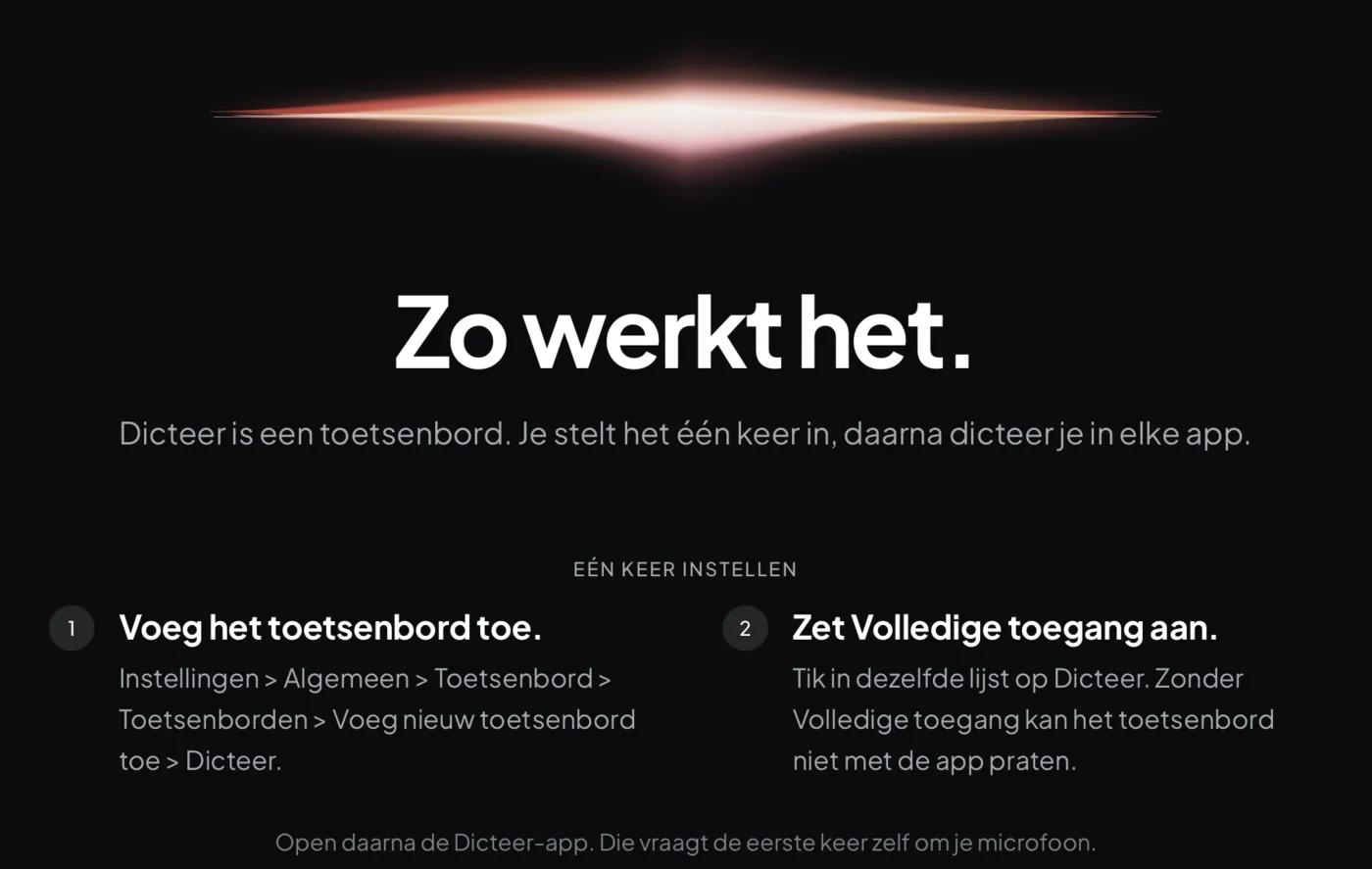 Het onderdeel Zo werkt het op dicteer.com, met de twee stappen om het toetsenbord in te stellen.